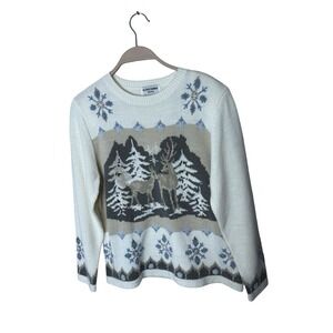 Vtg 90s Alfred Dunner Sweater PM Ivory Nordic Deer Scenic Knit Beaded Snowflake